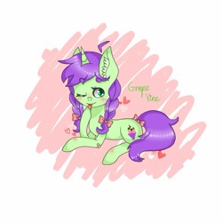 Size: 572x572 | Tagged: safe, artist:cinnavee, oc, oc only, pony, unicorn, :p, abstract background, blushing, bow, braid, ear fluff, hair bow, heart, horn, lying down, one eye closed, prone, solo, tail bow, tongue out, unicorn oc, wink