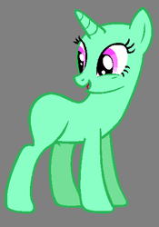 Size: 346x493 | Tagged: safe, artist:bronybase, oc, oc only, pony, unicorn, bald, base, eyelashes, female, gray background, horn, looking back, mare, open mouth, simple background, smiling, solo, unicorn oc