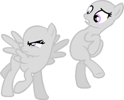 Size: 423x344 | Tagged: safe, artist:maddieadopts, oc, oc only, earth pony, pegasus, pony, angry, bald, base, duo, earth pony oc, eyelashes, female, looking back, mare, pegasus oc, scared, simple background, suspicious, transparent background, underhoof, wings