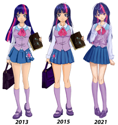 Size: 3883x4092 | Tagged: safe, artist:erim-kawamori, twilight sparkle, human, g4, 2013, 2015, 2021, anime, bag, book, clothes, comparison, flats, humanized, mary janes, redraw, shirt, shoes, simple background, skirt, socks, solo, thigh highs, transparent background, vest