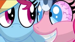 Size: 449x252 | Tagged: safe, artist:twintailsinc, pinkie pie, rainbow dash, earth pony, pegasus, pony, cupcakes hd, fanfic:cupcakes, g4, 2012, bloodshot eyes, bust, creepy, creepy grin, creepy smile, cropped, duo, duo female, fanfic art, female, frown, grin, gritted teeth, head mirror, looking at each other, looking at someone, looking right, mare, old art, shrunken pupils, smiling, teeth