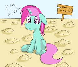 Size: 1200x1028 | Tagged: safe, artist:amateur-draw, oc, oc only, oc:belle boue, pony, unicorn, minefield, sign, sitting, solo, this is fine