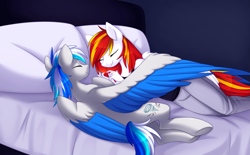 Size: 3431x2122 | Tagged: safe, artist:scarlet-spectrum, oc, oc only, oc:diamond sun, oc:hawker hurricane, pegasus, pony, anthro, series:pet hawk, anthro with ponies, bed, clothes, colored wings, commission, female, hawkmond, high res, male, mare, sleeping, stallion, wings