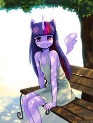 Size: 1900x2514 | Tagged: safe, artist:mrscroup, twilight sparkle, alicorn, anthro, g4, adorasexy, bench, breasts, cleavage, cute, delicious flat chest, female, flatlight sparkle, floating wings, looking at you, sexy, sitting, sleeveless, small breasts, smiling, smiling at you, solo, tree, twiabetes, twilight sparkle (alicorn), wings