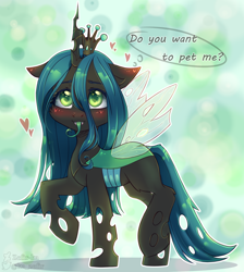 Size: 1744x1948 | Tagged: safe, artist:zefirka, queen chrysalis, changeling, changeling queen, g4, blushing, bronybait, crown, cute, cutealis, female, hoof hold, jewelry, regalia, talking to viewer, tongue out, transparent wings, wings