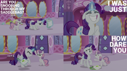 Size: 1986x1117 | Tagged: safe, edit, edited screencap, editor:quoterific, screencap, rarity, sweetie belle, pony, unicorn, g4, ponyville confidential, season 2, angry, bag, bipedal, duo, duo female, eyes closed, female, floppy ears, glowing horn, gritted teeth, horn, magic, magic aura, nervous, saddle bag