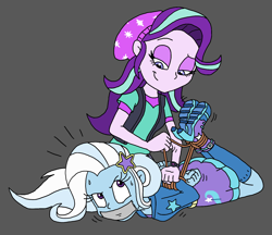 Size: 1700x1467 | Tagged: safe, artist:bugssonicx, starlight glimmer, trixie, human, equestria girls, g4, arm behind back, bondage, bound and gagged, female, femdom, femsub, gag, hogtied, rope, rope bondage, stardom glimmer, submissive, sweat, sweatdrops, tape, tape gag, the weak and powerless trixie, tied up, trixsub, tying