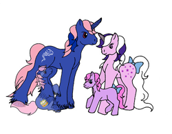 Size: 500x389 | Tagged: artist needed, safe, baby drummer, ember (g1), tornado (g1), twilight, pony, unicorn, g1, bow, family, female, male, tail bow