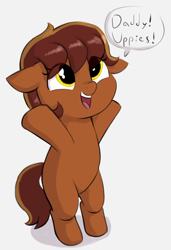 Size: 968x1412 | Tagged: safe, artist:heretichesh, oc, oc:garnet gold, earth pony, pony, bipedal, cute, dialogue, female, filly, happy, ocbetes, offscreen character, offspring, parent:oc:flint spark, parent:oc:ruby rouge, parents:oc x oc, rearing, text, upsies, weapons-grade cute