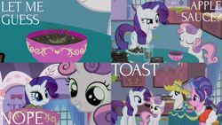 Size: 2000x1125 | Tagged: safe, edit, edited screencap, editor:quoterific, screencap, cookie crumbles, hondo flanks, rarity, sweetie belle, pony, unicorn, g4, sisterhooves social, cooking, eyes closed, female, food, hat, liquid toast, male, open mouth, sweetie belle can't cook, sweetie fail, teeth