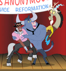 Size: 1280x1368 | Tagged: safe, artist:aleximusprime, discord, iron will, lord tirek, centaur, draconequus, minotaur, g4, be patient i'm reforming, clothes, cute, discute, male, reformation, shirt, t-shirt, tirebetes, trio, trio male, willabetes