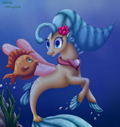 Size: 2383x2517 | Tagged: safe, artist:shiftybraginski, princess skystar, fish, seapony (g4), g4, my little pony: the movie, blue eyes, bubble, crepuscular rays, digital art, dorsal fin, female, fin wings, fins, fish tail, flower, flower in hair, flowing mane, high res, jewelry, looking up, necklace, ocean, open mouth, pearl necklace, seaweed, smiling, solo, tail, underwater, water, wings