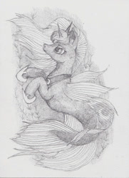 Size: 740x1024 | Tagged: safe, artist:daisymane, alicorn, pony, seapony (g4), g4, crown, dorsal fin, female, fin wings, fish tail, flowing mane, flowing tail, hoof shoes, horn, jewelry, looking up, monochrome, pencil drawing, regalia, seaponified, seapony luna, seaweed, signature, solo, species swap, tail, traditional art, underwater, water, wings
