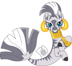 Size: 1280x1175 | Tagged: safe, artist:cloudy glow, zecora, seapony (g4), zebra, g4, blue eyes, bracelet, cute, dorsal fin, ear piercing, earring, female, fish tail, flowing tail, jewelry, looking at you, neck rings, piercing, regalia, ring, seabra, seaponified, seapony zecora, simple background, smiling, smiling at you, solo, species swap, stripes, tail, teeth, transparent background, zecorable