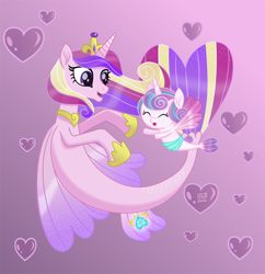 Size: 800x825 | Tagged: safe, artist:spring-heart, princess cadance, princess flurry heart, alicorn, pony, seapony (g4), bubble, crown, cute, cutedance, dorsal fin, duo, eyes closed, female, fin wings, fish tail, flowing mane, flowing tail, heart, heart bubbles, hoof shoes, horn, jewelry, mother and child, mother and daughter, open mouth, open smile, pink background, purple eyes, regalia, seaponified, seapony cadance, seapony flurry heart, signature, simple background, smiling, species swap, swimming, tail, tiara, underwater, wings