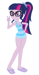Size: 301x569 | Tagged: safe, artist:glittertiara, artist:selenaede, sci-twi, twilight sparkle, human, equestria girls, g4, base used, clothes, feet, female, hand on hip, luau, one-piece swimsuit, peace sign, pose, sandals, simple background, solo, swimsuit, white background
