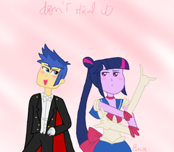 Size: 4096x3585 | Tagged: safe, artist:egtwiflash, flash sentry, twilight sparkle, equestria girls, g4, art, brad, clothes, female, male, outfit, ponytail, sailor moon (series), ship:flashlight, shipping, straight, tuxedo mask