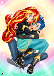 Size: 1000x1414 | Tagged: safe, artist:lord--opal, flash sentry, sunset shimmer, equestria girls, g4, blushing, clothes, female, human coloration, jacket, leather jacket, male, open mouth, ship:flashimmer, shipping, smiling, straight