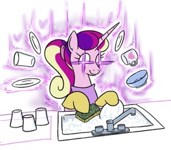 Size: 1083x954 | Tagged: safe, artist:jargon scott, part of a set, princess cadance, alicorn, pony, g4, cleaning, clothes, cup, dishes, female, gloves, glowing eyes, magic, mare, ponytail, princess of love, simple background, sink, telekinesis, white background