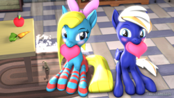 Size: 1920x1080 | Tagged: safe, artist:christian69229, oc, oc only, oc:cuteamena, oc:electric blue, earth pony, pegasus, pony, 3d, apple, blushing, carrot, clothes, electricute, female, food, heart, hearts and hooves day, holiday, looking at you, male, mare, pegasus oc, shipping, sitting, socks, source filmmaker, stallion, striped socks, table, tongue out, valentine's day