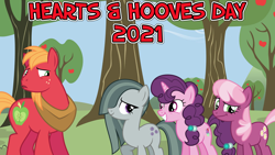 Size: 2064x1161 | Tagged: safe, artist:not-yet-a-brony, big macintosh, cheerilee, marble pie, sugar belle, earth pony, pony, unicorn, g4, 2021, awkward, female, friendship, friendshipping, hearts and hooves day, holiday, husband and wife, male, ship:sugarmac, shipping, smiling, straight, sweet apple acres, uh oh, valentine's day, youtube link in the description