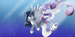 Size: 3464x1732 | Tagged: safe, artist:ginggercz, oc, oc only, pegasus, pony, seapony (g4), unicorn, blue eyes, bubble, chest fluff, crepuscular rays, fish tail, flowing mane, hoof shoes, horn, ocean, open mouth, seaponified, smiling, species swap, sunlight, swimming, tail, underwater, water, wings