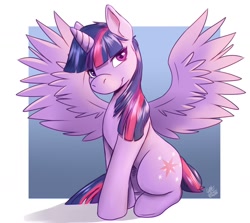 Size: 1400x1250 | Tagged: safe, artist:lou_art_93, twilight sparkle, alicorn, pony, g4, blue background, female, looking sideways, simple background, solo, spread wings, twilight sparkle (alicorn), wings