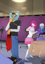 Size: 4961x7016 | Tagged: safe, artist:symptom99, pinkie pie, trixie, oc, oc:copper plume, fish, equestria girls, g4, backstage, bow, clothes, curtains, female, fish bowl, hair bow, hat, jeans, magical mishap, male, pants, pantyhose, reference, shirt, shocked, shoes, skirt, spotlight, table, transformation, trio, trixie's hat