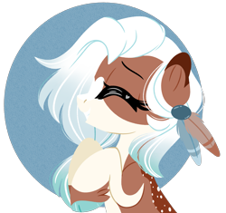 Size: 2883x2710 | Tagged: safe, artist:emberslament, oc, oc only, oc:faline, deer, deer pony, original species, cloven hooves, deer oc, eyes closed, gradient mane, hair accessory, happy, high res, smiling, solo, spots, white mane