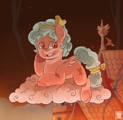 Size: 2048x1987 | Tagged: safe, artist:raph13th, cozy glow, pegasus, pony, g4, burning, cloud, commission, commissioner:reversalmushroom, evil, evil grin, fire, grin, pure concentrated unfiltered evil of the utmost potency, pure unfiltered evil, small wings, smiling, smoke, solo, wings