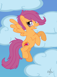 Size: 1024x1377 | Tagged: safe, artist:miesdo, scootaloo, pegasus, pony, g4, adult, cloud, cloudy, cute, cutealoo, cutie mark, eye contact, female, flying, looking at each other, mare, older, older scootaloo, open mouth, scootaloo can fly, sky, sky background, smiling