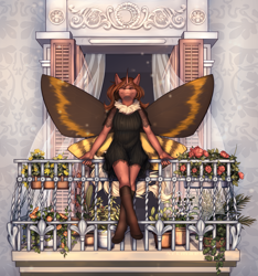 Size: 2825x3024 | Tagged: safe, artist:artmael sverr, oc, oc only, oc:flechette, changeling, moth, mothling, original species, anthro, balcony, female, flower, high res, pot, red changeling, sitting, wings