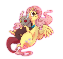 Size: 1024x965 | Tagged: safe, artist:lucitfandmlp, discord, fluttershy, draconequus, pegasus, pony, g4, button eyes, ear fluff, female, holding, looking away, looking up, mare, plushie, simple background, smiling, solo, spread wings, transparent background, turned head, wings