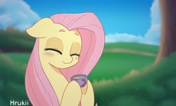 Size: 2000x1200 | Tagged: safe, artist:hrukii, fluttershy, pony, g4, blurry background, blushing, bust, cup, cute, eyes closed, female, floppy ears, food, hoof hold, mare, outdoors, portrait, shyabetes, smiling, solo, tea, teacup, three quarter view
