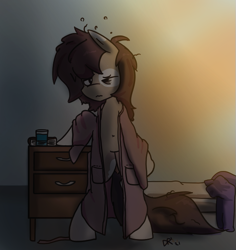 Size: 559x592 | Tagged: safe, artist:davierocket, oc, oc only, oc:longfolia, earth pony, semi-anthro, arm hooves, bed, bed hair, bedroom, bedsheets, belly button, clothes, dishevelled, dresser, looking at you, male, morning ponies, one eye closed, robe, sleepy, solo