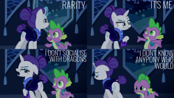 Size: 1986x1117 | Tagged: safe, edit, edited screencap, editor:quoterific, screencap, rarity, spike, dragon, pony, unicorn, g4, season 5, the cutie re-mark, backpack, duo, eyes closed, female, glowing horn, gritted teeth, horn, magic, magic aura, male, open mouth, puppy dog eyes, rarity is not amused, rejected, sad, surprised, teeth, unamused, walking