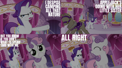 Size: 1986x1117 | Tagged: safe, edit, edited screencap, editor:quoterific, screencap, rarity, sweetie belle, pony, unicorn, g4, season 3, sleepless in ponyville, :c, angry, duo, duo female, eyes closed, female, frown, gritted teeth, open mouth, puppy dog eyes, rarity is not amused, sad, teeth, unamused, worried