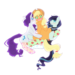 Size: 2500x2500 | Tagged: safe, artist:the-cat1, applejack, coloratura, rarity, earth pony, pony, unicorn, g4, applejack gets all the mares, applejack's hat, blushing, cheek kiss, clothes, colorarijack, commission, cowboy hat, dress, eyes closed, eyeshadow, female, flustered, hat, high res, hug, kissing, lesbian, makeup, mare, open mouth, polygamy, ship:rarajack, ship:rarararara, ship:rarijack, shipping, simple background, socks, thigh highs, transparent background, ych result