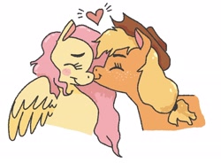Size: 2526x1857 | Tagged: safe, artist:p0werfulman, applejack, fluttershy, earth pony, pegasus, pony, g4, blushing, bust, cowboy hat, female, hat, heart, kissing, lesbian, nose kiss, ship:appleshy, shipping, simple background, white background