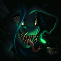 Size: 1920x1920 | Tagged: safe, artist:faline-art, queen chrysalis, angler fish, changeling, changeling queen, fish, pony, seapony (g4), g4, bioluminescent, bubble, dark, evil smile, fangs, female, glowing, glowing eyes, grin, menacing, ocean, open mouth, seaponified, seapony chrysalis, signature, smiling, solo, species swap, teeth, tongue out, underwater, water