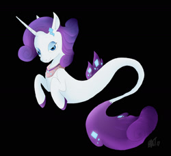 Size: 1854x1693 | Tagged: safe, artist:batdanza, rarity, pony, seapony (g4), unicorn, g4, black background, blue eyes, colored pupils, diamond, dorsal fin, female, fins, fish tail, flowing mane, flowing tail, horn, jewelry, lidded eyes, looking at you, necklace, seaponified, seapony rarity, signature, simple background, smiling, smiling at you, solo, species swap, tail