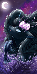 Size: 1000x2000 | Tagged: safe, artist:kira-kyovii, oc, oc only, fish, seapony (g4), black mane, blue eyes, commission, female, flower, flower in hair, flowing mane, looking up, moon, moonlight, night, ocean, open mouth, sky, smiling, solo, stars, water, watermark