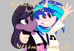 Size: 1280x896 | Tagged: safe, artist:mirabuncupcakes15, dj pon-3, octavia melody, vinyl scratch, cat, human, g4, belt, clothes, dark skin, duo, female, gray background, gritted teeth, horn, horned humanization, hug, humanized, jacket, shirt, simple background, skirt, t-shirt