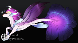 Size: 3288x1824 | Tagged: safe, artist:phoeberia, queen novo, seapony (g4), g4, my little pony: the movie, bioluminescent, black background, colored pupils, crown, dorsal fin, female, fins, fish tail, flowing tail, glowing, jewelry, lidded eyes, logo, long tail, purple eyes, purple wings, queen, regalia, simple background, smiling, solo, swimming, tail, wings