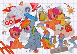 Size: 1754x1240 | Tagged: safe, artist:poneko-chan, rainbow dash, scootaloo, pegasus, pony, g4, bandaid, cute, cutealoo, dashabetes, female, filly, mare, paper airplane, rocket, scooter, scrapbook aesthetic