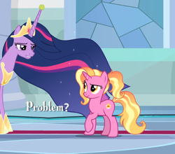 Size: 956x843 | Tagged: safe, edit, edited screencap, editor:i-shooped-a-pwny, screencap, luster dawn, twilight sparkle, alicorn, pony, unicorn, the last problem, ball, confused, cropped, crown, duo, duo female, ethereal mane, faic, female, hilarious in hindsight, hoof shoes, horn, horn cap, horn guard, horn impalement, hornball, indoors, jewelry, mare, meme, older, older twilight, princess twilight 2.0, problem, regalia, smiling, starry mane, teeth, tennis ball, twilight sparkle (alicorn)