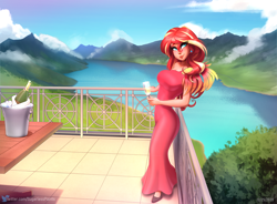 Size: 1834x1348 | Tagged: safe, alternate version, artist:sugarlesspaints, sunset shimmer, human, equestria girls, g4, alcohol, balcony, bottle, breasts, busty sunset shimmer, champagne, champagne bucket, champagne glass, champagne on ice, clothes, dress, ear piercing, earring, evening gown, female, human coloration, jewelry, lake, looking at you, mountain, mountain range, multiple variants, piercing, ring, scenery, smiling, solo, table, wine
