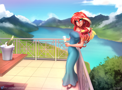 Size: 1834x1348 | Tagged: safe, alternate version, artist:sugarlesspaints, sunset shimmer, human, equestria girls, g4, alcohol, balcony, bottle, breasts, busty sunset shimmer, champagne, champagne bucket, champagne glass, champagne on ice, clothes, dress, ear piercing, earring, evening gown, female, human coloration, jewelry, lake, looking at you, mountain, mountain range, multiple variants, piercing, ring, scenery, smiling, solo, table, teal dress, wine