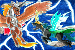 Size: 2202x1469 | Tagged: safe, artist:armorwing, alicorn, changeling, changeling queen, pony, alicornified, brothers, female, flying, helmet, horn, lightning, loki, male, open mouth, ponified, race swap, siblings, stallion, thor, traditional art, wings
