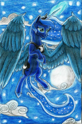 Size: 1095x1638 | Tagged: safe, artist:armorwing, princess luna, alicorn, pony, g4, cloud, female, flying, full moon, glowing horn, hoof shoes, horn, jewelry, mare, moon, night, solo, stars, tiara, traditional art